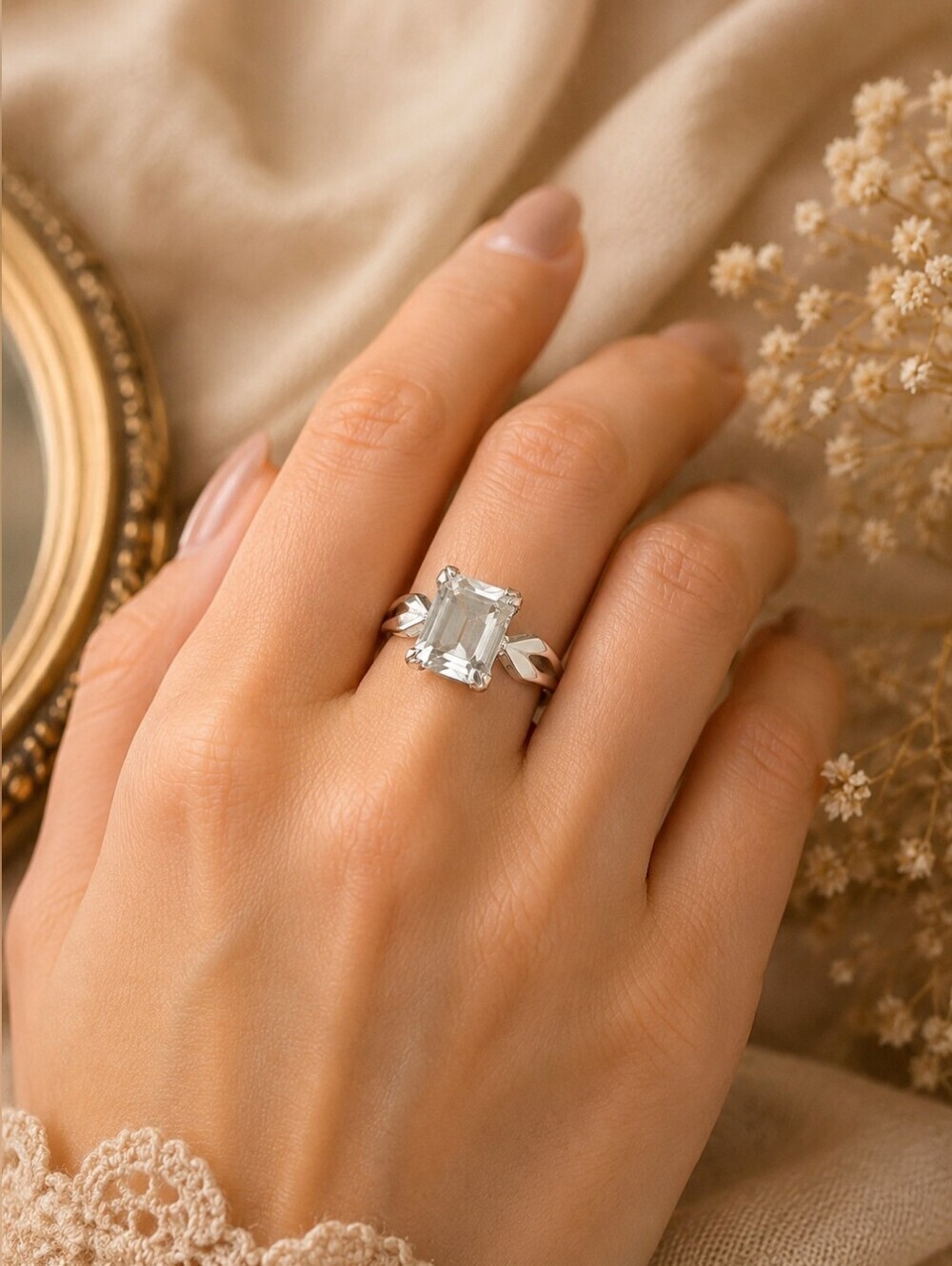 Vintage Sterling Silver Emerald Cut Clear Crystal Ring Size 5.5